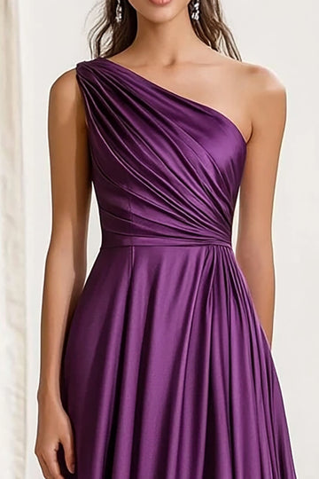 A Line One Shoulder Satin Purple Formal Dress